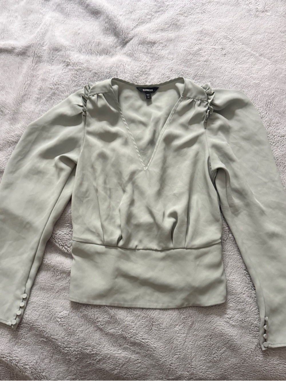 Express Women's Grey-Green V-Neck Long Sleeve Top